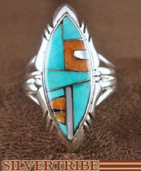 Sterling Silver Turquoise Multicolor Inlay Ring Size 8-1/4 RS41146